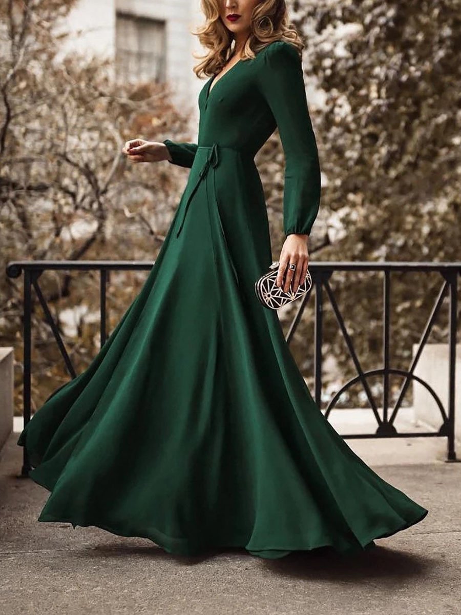 V-Neck Long Sleeve Wrap Tie-Waist Maxi Gown