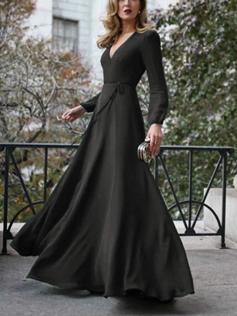 V-Neck Long Sleeve Wrap Tie-Waist Maxi Gown