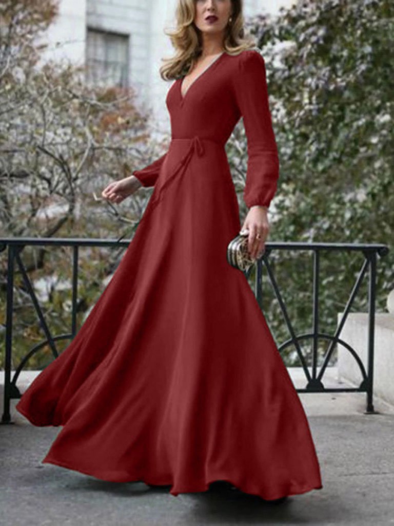 V-Neck Long Sleeve Wrap Tie-Waist Maxi Gown