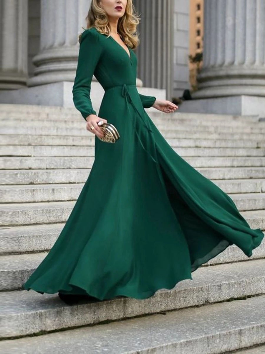 V-Neck Long Sleeve Wrap Tie-Waist Maxi Gown