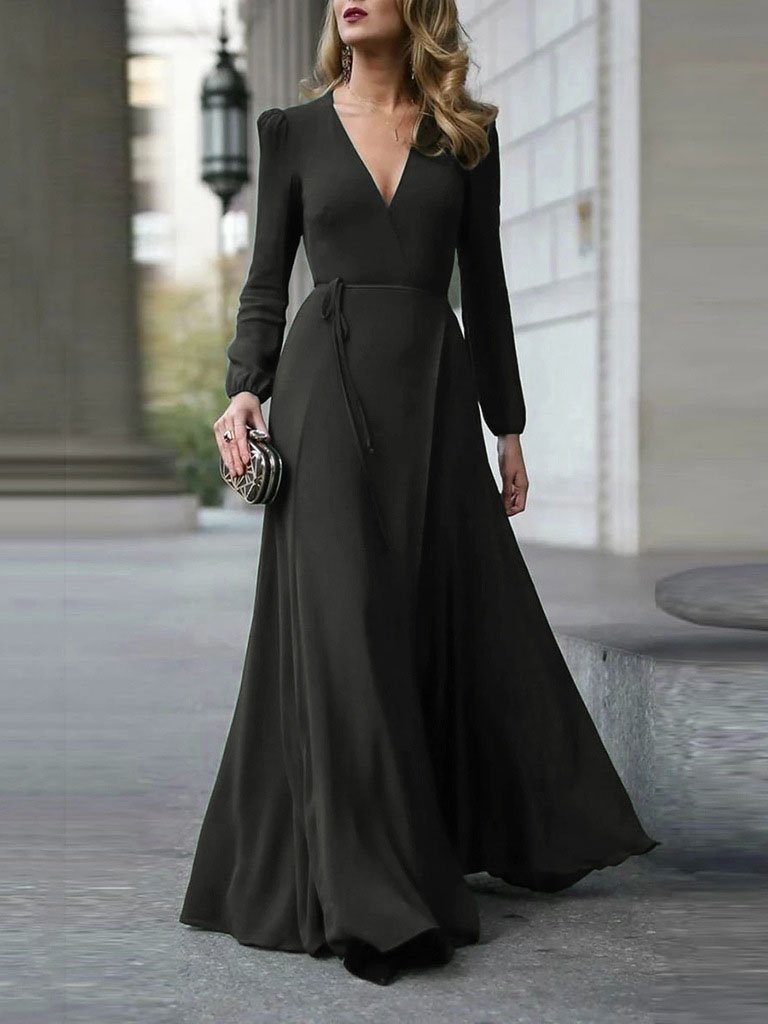 Deep V-Neck Long Sleeve Wrap Tie Belt Fit and Flare Maxi Dress