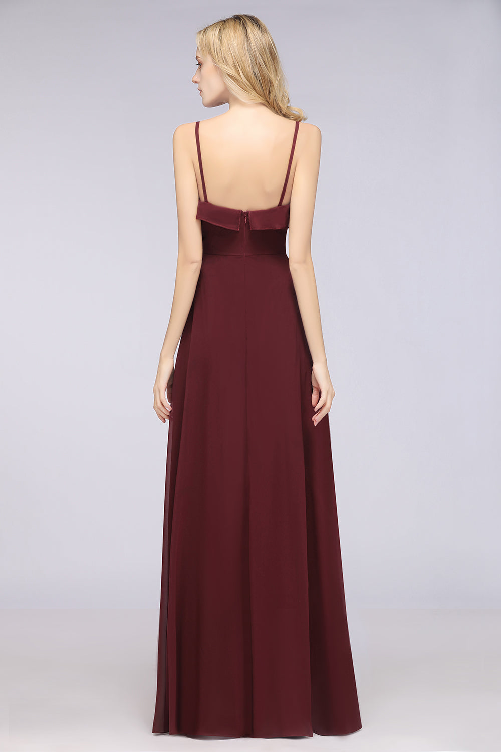 Elegant Spaghetti Straps Ruffle Burgundy Chiffon Dresses Affordable - Fashionpara