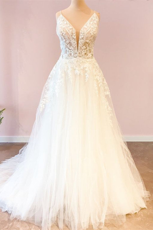 Elegant Spaghetti-Straps Sleeveless Tulle Lace Wedding Dress - Fashionpara