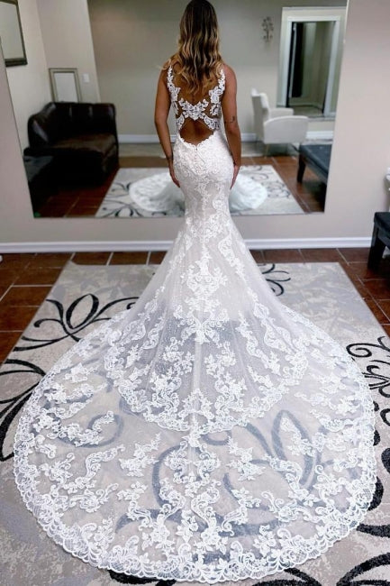 Elegant Spaghetti Straps Sleeveless Mermaid Lace Bridal Gown - Fashionpara
