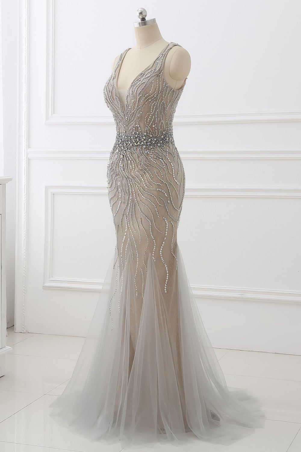 Elegant Strap V-Neck Sleeveless Mermaid Prom Dresses with Beadings Ruffles - Fashionpara