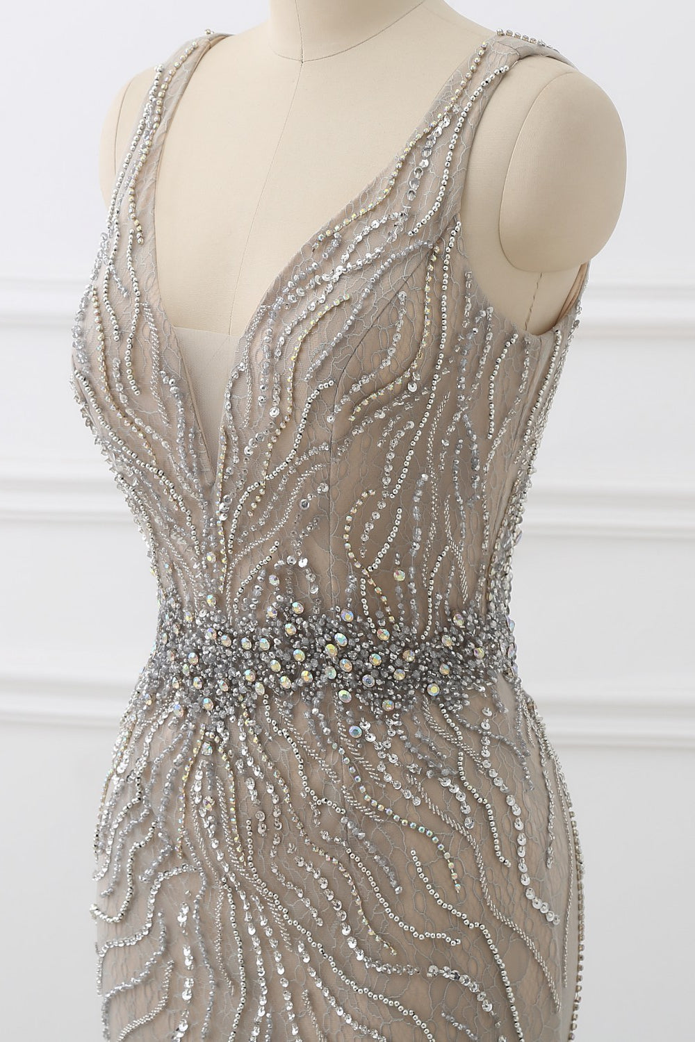 Elegant Strap V-Neck Sleeveless Mermaid Prom Dresses with Beadings Ruffles - Fashionpara
