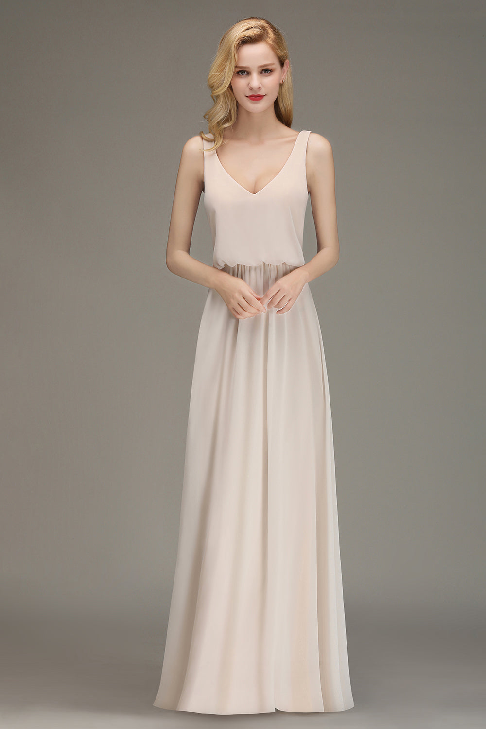 Elegant Straps V-Neck Long Affordable Bridesmaid dresses with Ruffle - Fashionpara