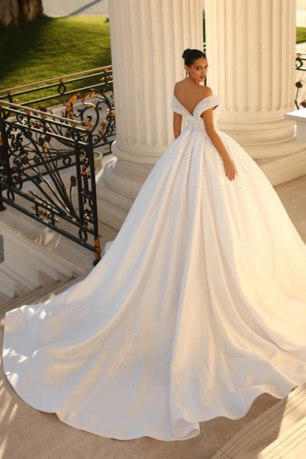 Elegant Sweetheart Cap Sleeves Ball Gown in Satin with Sequined Details for Weddings - Fashionpara