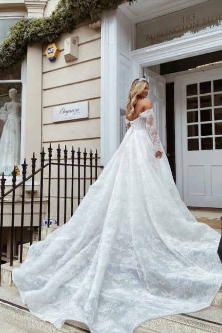 Elegant Sweetheart Long Sleeve A-Line Lace Wedding Dress - Fashionpara