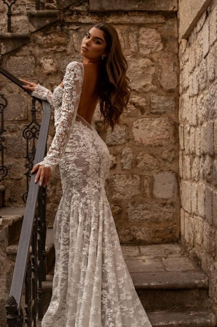 Elegant Sweetheart Long Sleeves Mermaid Lace Bridal Gown - Fashionpara