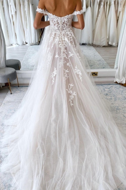 Elegant Sweetheart Off-the-Shoulder Cap Sleeve A-Line Lace Wedding Gown - Fashionpara