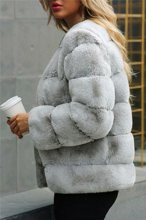 Luxurious Thick Fluffy Faux Fur Coat in Light Gray