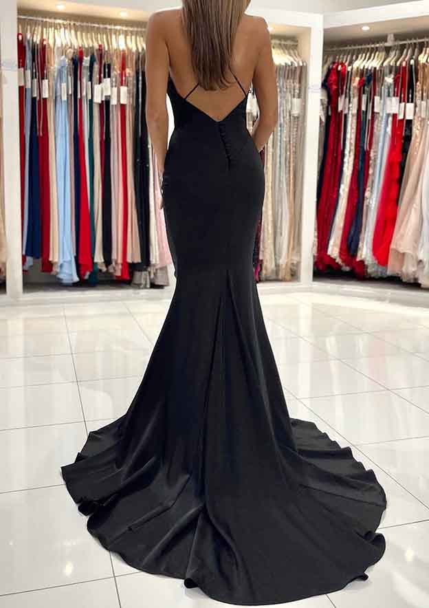 Elegant Trumpet/Mermaid V-Neck Satin Prom Dress/Evening Dress with Sweep Train - Fashionpara
