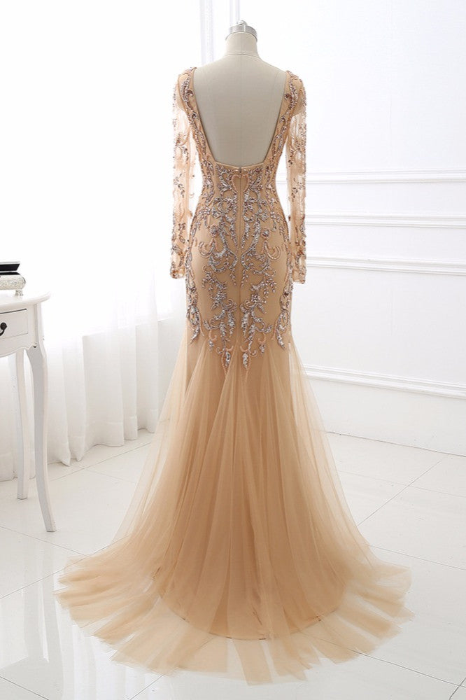 Elegant Tulle Appliques Mermaid Prom Dresses V-Neck Sleeveless Rhinestones Party Dresses On Sale - Fashionpara
