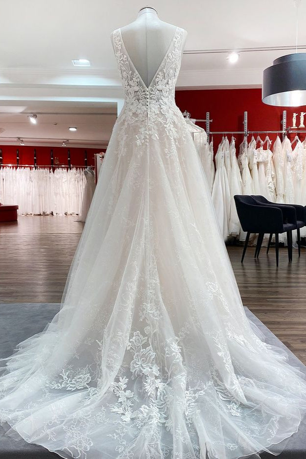 Elegant Tulle Deep V Neck Sleeveless Lace A-Line Weddding Dresses - Fashionpara