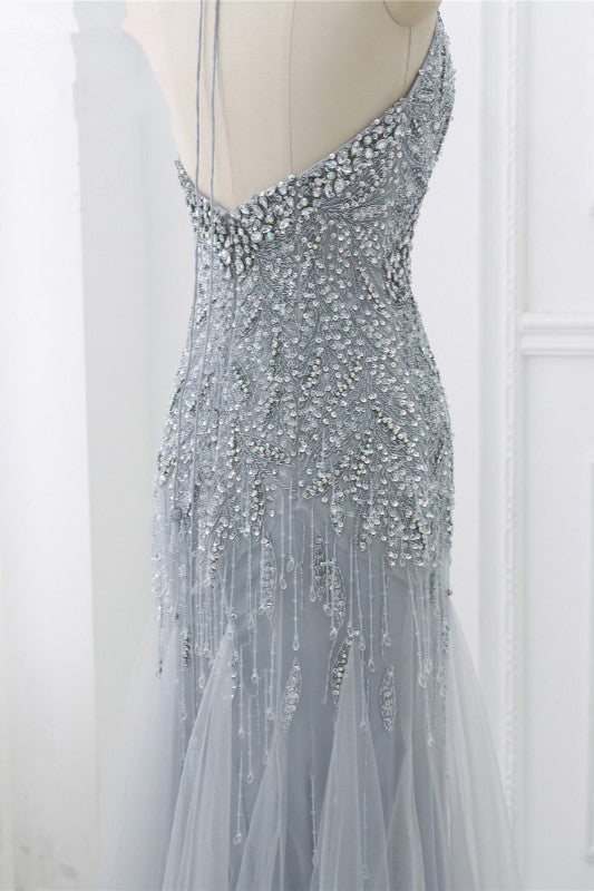 Elegant Tulle Halter Rhinestones Mermaid Prom Dresses Sleeveless Appliques - Fashionpara