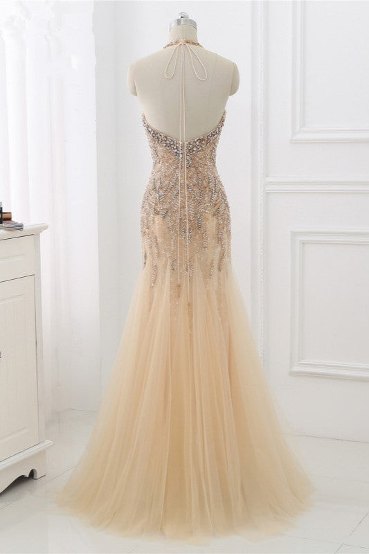 Elegant Tulle Halter Rhinestones Mermaid Prom Dresses Sleeveless Appliques - Fashionpara