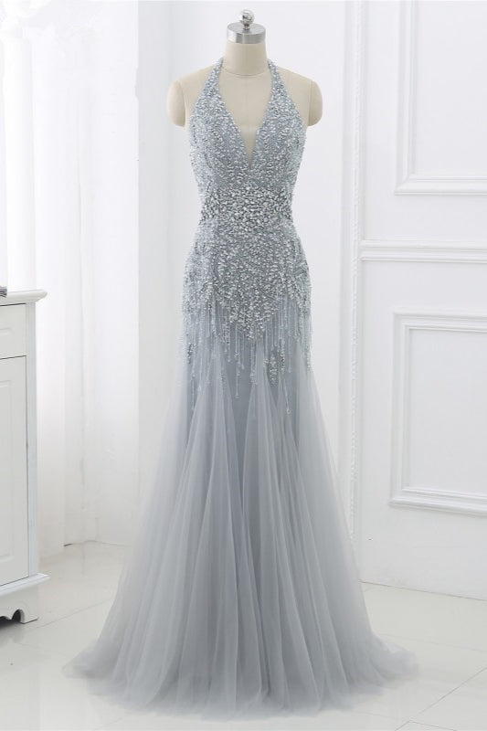 Elegant Tulle Halter Rhinestones Mermaid Prom Dresses Sleeveless Appliques - Fashionpara