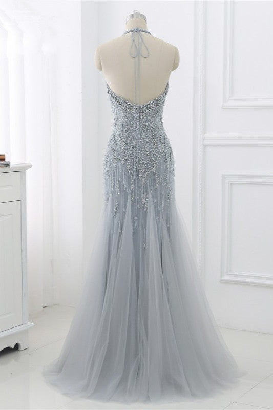 Elegant Tulle Halter Rhinestones Mermaid Prom Dresses Sleeveless Appliques - Fashionpara