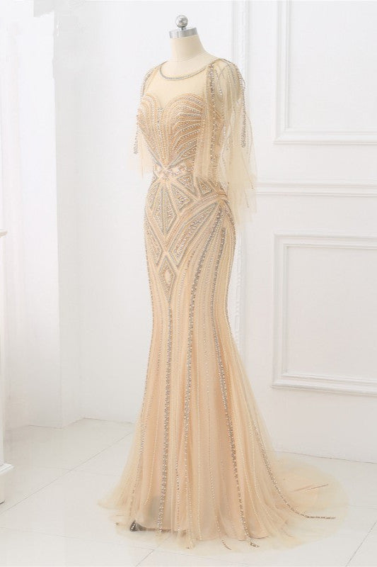 Elegant Tulle Jewel Beadings Mermaid Prom Dresses with Ruffles - Fashionpara