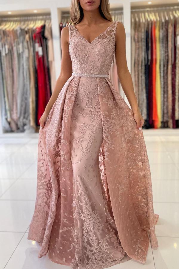 Elegant V-Neck Beadings Pearls Mermaid Evening Dress Sleeveless Prom Dress Lace Appliques with Train - Fashionpara