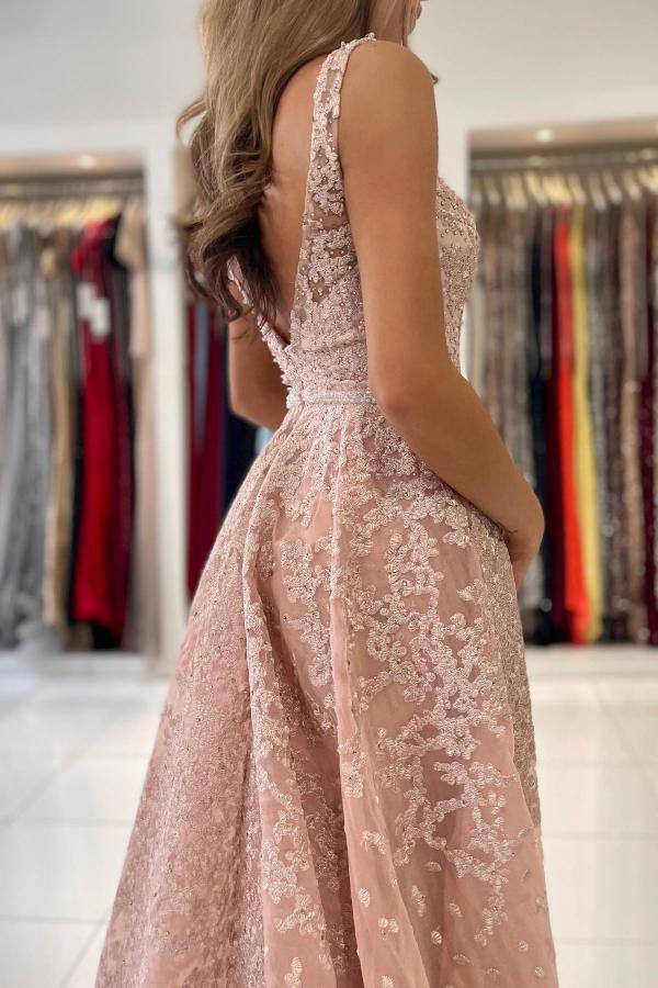 Elegant V-Neck Beadings Pearls Mermaid Evening Dress Sleeveless Prom Dress Lace Appliques with Train - Fashionpara