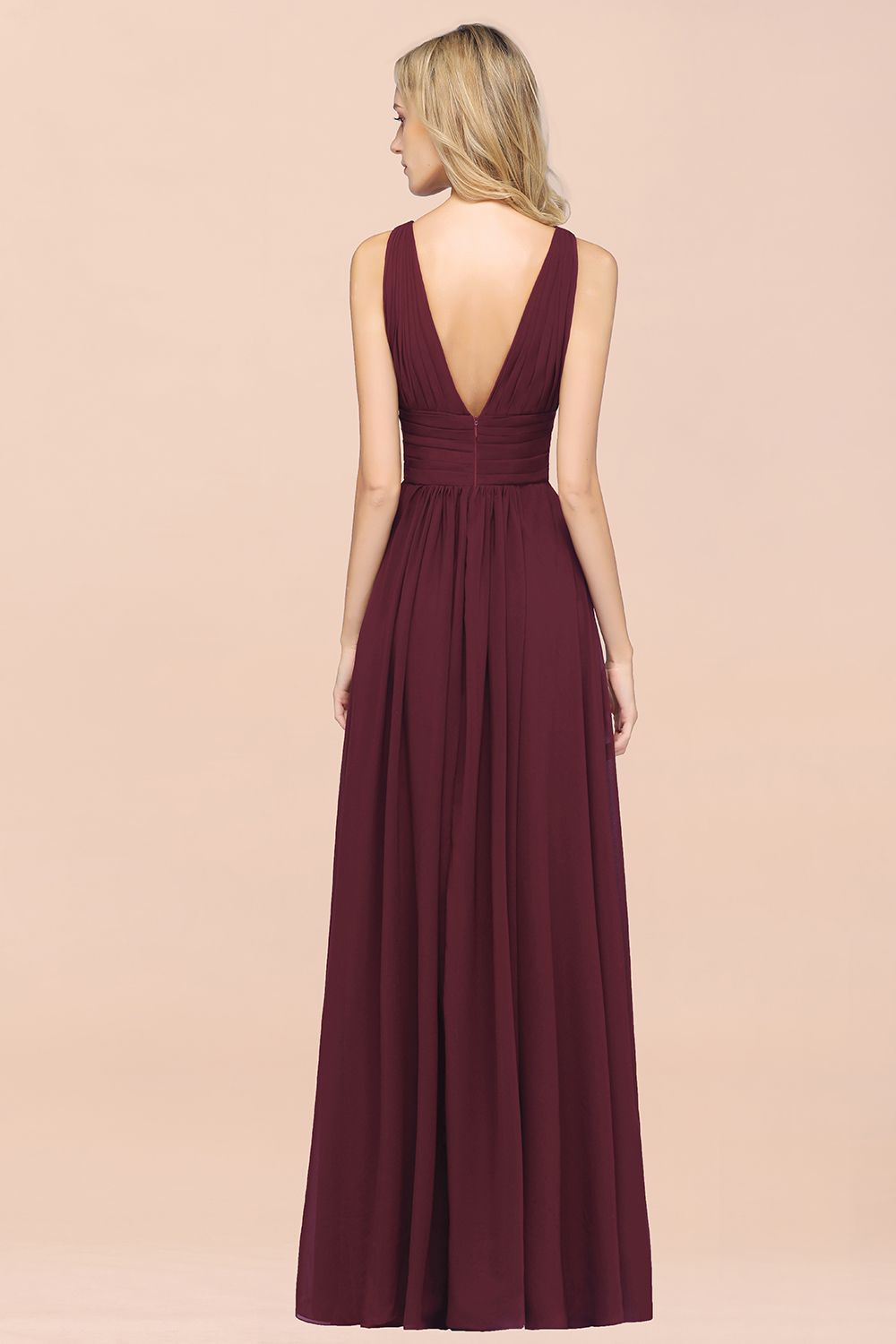 Elegant V-Neck Burgundy Chiffon Affordable Bridesmaid Dresses with Ruffle - Fashionpara
