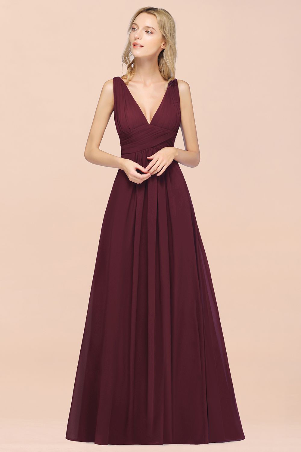 Elegant V-Neck Burgundy Chiffon Affordable Bridesmaid Dresses with Ruffle - Fashionpara