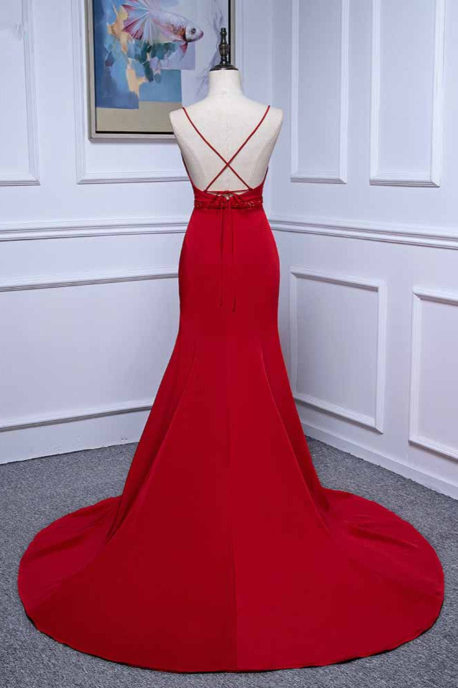 Elegant V-Neck Burgundy Prom Dresses Spaghetti Straps with Beadings Sash - Fashionpara