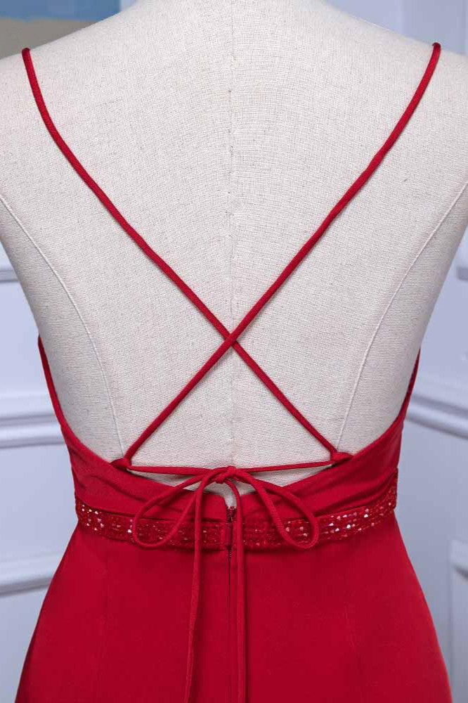 Elegant V-Neck Burgundy Prom Dresses Spaghetti Straps with Beadings Sash - Fashionpara