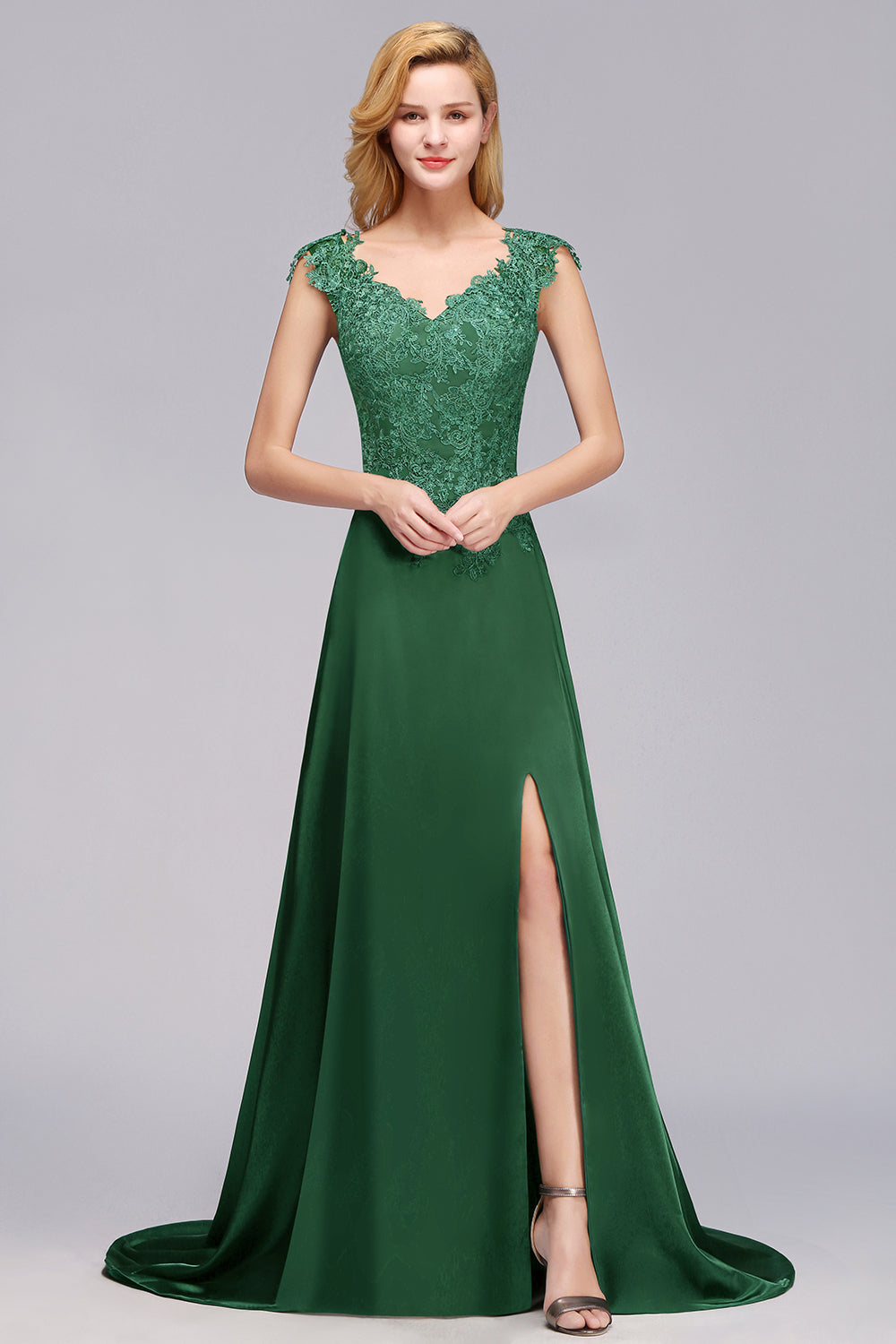 Elegant V-Neck Dark Green Lace Bridesmaid dresses with Front-Slit - Fashionpara