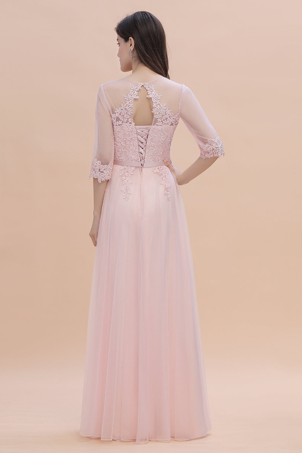 Elegant V-neck Half Sleeves Lace Pink Bridesmaid Dresses On Sale - Fashionpara