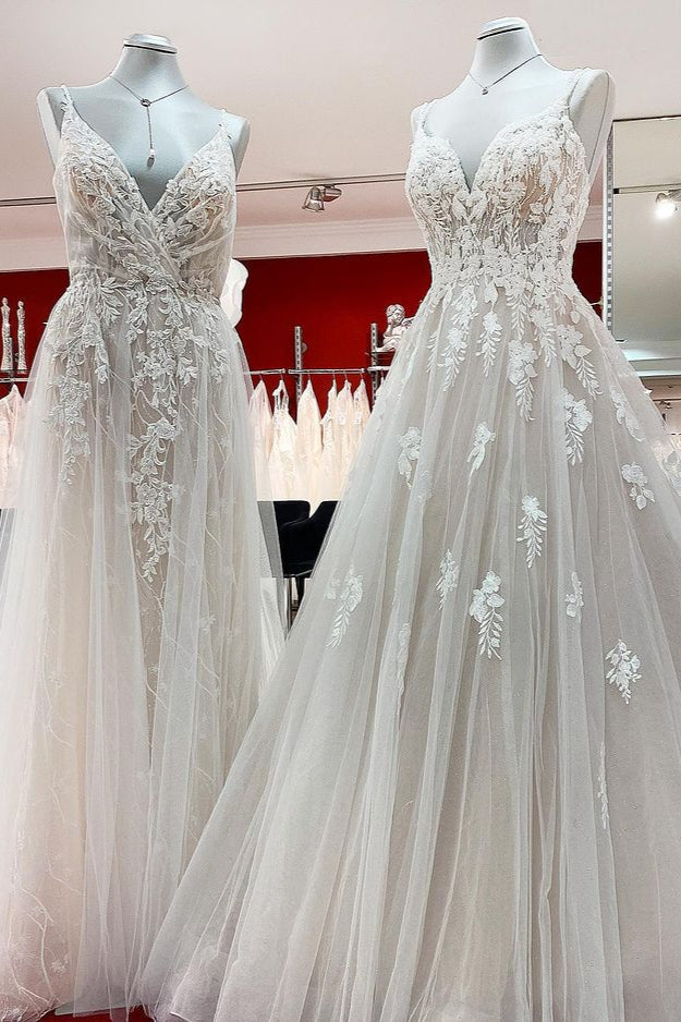 Elegant V Neck Ivory Sleeveless Ruffles A-Line Wedding Dresses - Fashionpara
