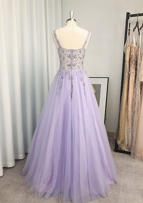 Elegant V-Neck Long Tulle Prom Dress/Evening Dress With Beading Sequins - Fashionpara
