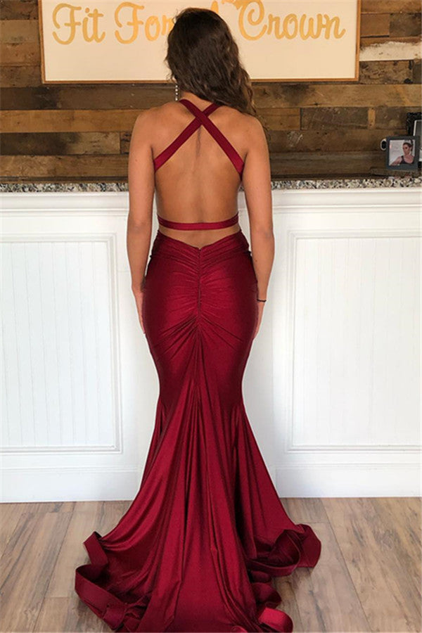 Elegant V-Neck Mermaid Burgundy Prom Dress - Fashionpara