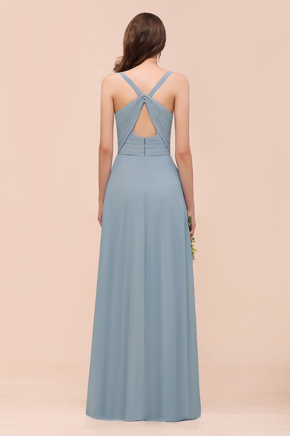 Elegant V-Neck Ruffle Dusty Blue Chiffon Bridesmaid dresses - Fashionpara