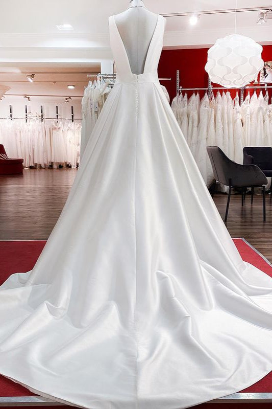 Elegant V Neck Satin White Ruffles Wedding Dresses Long - Fashionpara