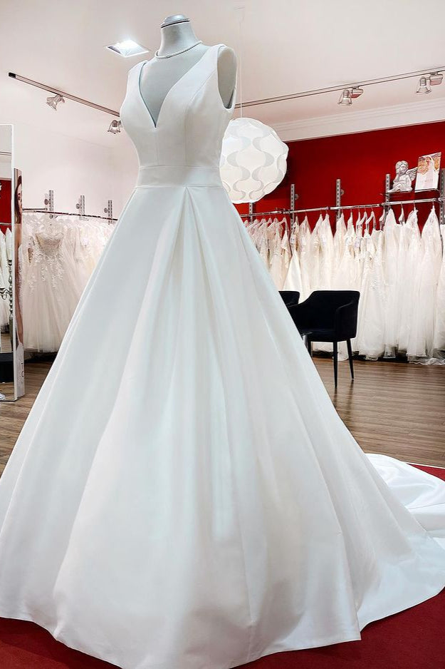 Elegant V Neck Satin White Ruffles Wedding Dresses Long - Fashionpara