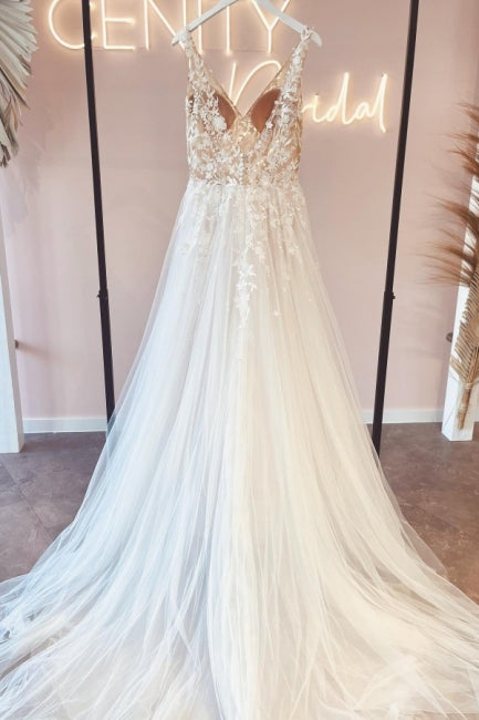 Elegant V-Neck Sleeveless A-Line Backless Lace Wedding Gown - Fashionpara