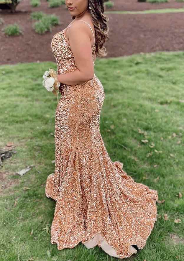 Elegant Velvet Sequined Trumpet/Mermaid V-Neck Sleeveless Court Train Prom Dress/Evening Dress - Fashionpara