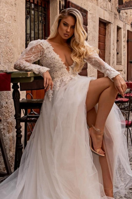 Elegant V-Neck Long Sleeves A-Line Lace Wedding Gown - Fashionpara