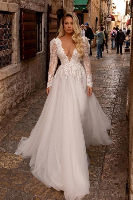Elegant V-Neck Long Sleeves A-Line Lace Wedding Gown - Fashionpara
