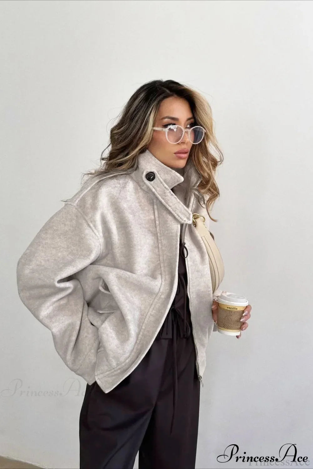 Elegant Wool Zip Short Loose Coat Khaki / S