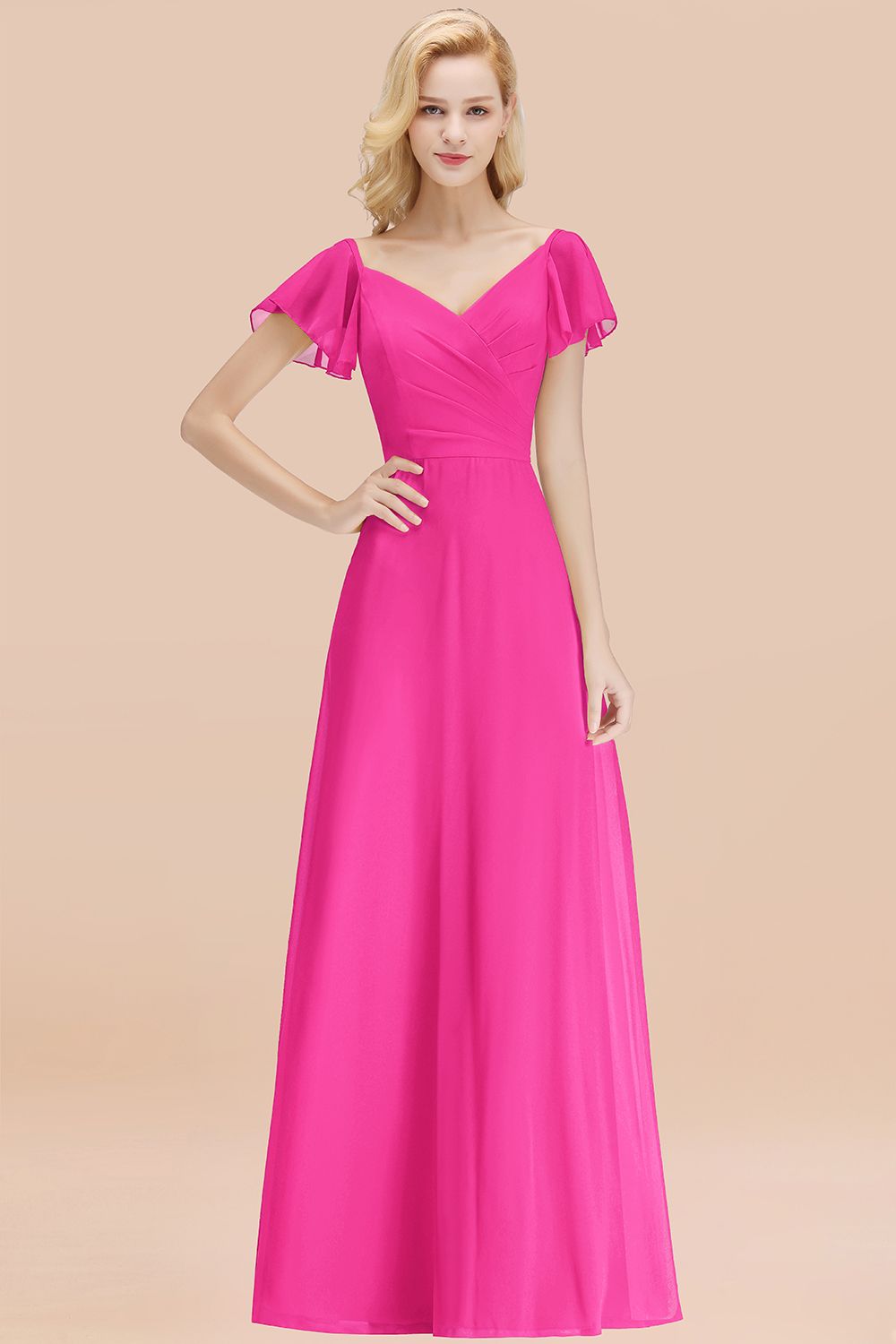 Elegent Short-Sleeve Long Bridesmaid Dresses Yellow Chiffon Wedding Party Dress - Fashionpara