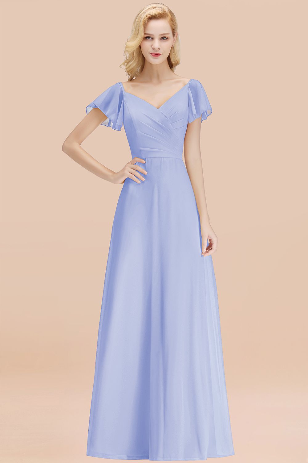 Elegent Short-Sleeve Long Bridesmaid Dresses Yellow Chiffon Wedding Party Dress - Fashionpara