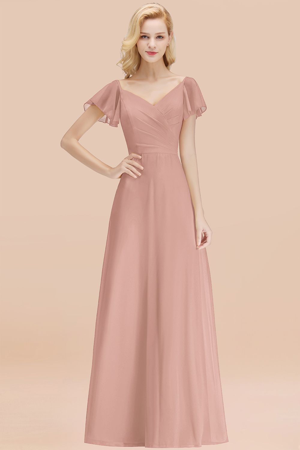 Elegent Short-Sleeve Long Bridesmaid Dresses Yellow Chiffon Wedding Party Dress - Fashionpara