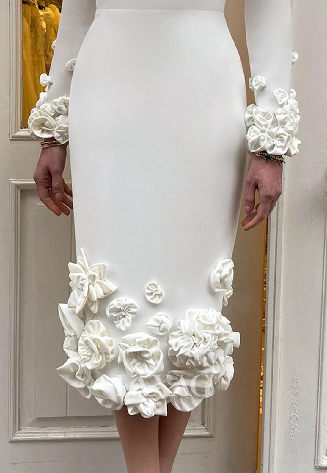 Square-Neck Embellished Ankle-Length Bride Gowns Floral Long-Sleeves Satin Mermaid Wedding Dress