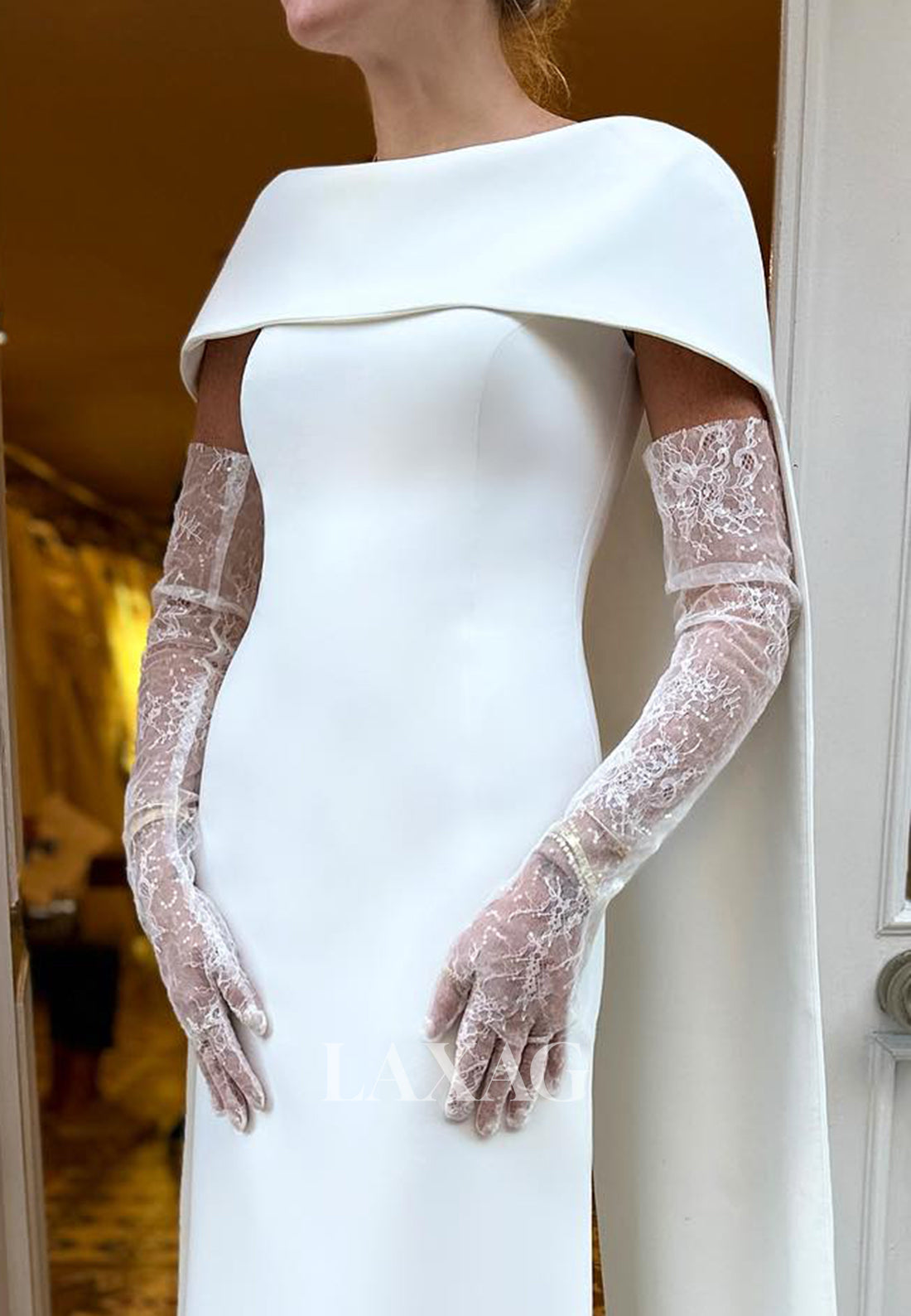 Simple Sleeveless Satin Bride Gowns Floor-Length Fitted Wedding Dress with Long-Lace-Gloves