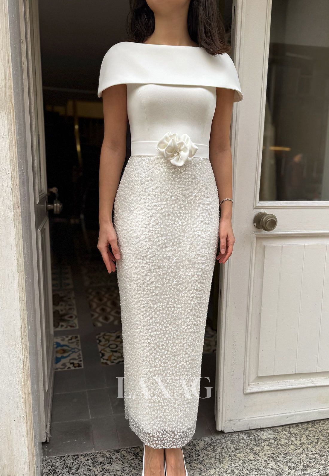 Sleeveless Floral Embellished Satin Bride Gowns Ankle-Length Beaded Satin Mermaid Wedding Dress