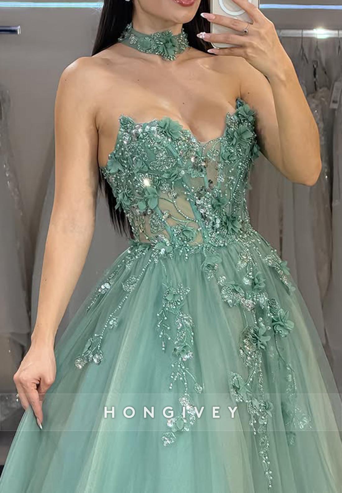 A-Line Sweetheart Lace Applique Rhinestone Long  Prom Dresses